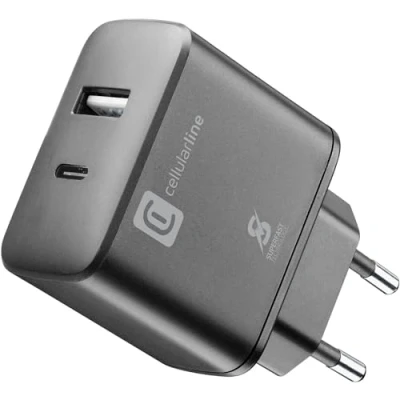 Imagen de Cargador CellularLine ACHSMUSB2PD25WK, Universal, 25 W, USB C, Protección sobrecarga, Negro