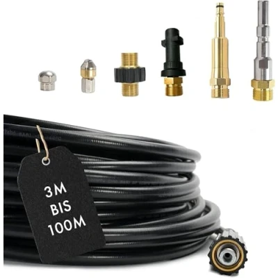 Imagen de M&amp;M Smartek Manguera de limpieza tuberías 7 piezas para Karcher, Nilfisk limpiador alta presión AG M22 x 1,5 IG, bayoneta y adaptador KEW, 2 boquillas giratorias Quick Connect (25m)