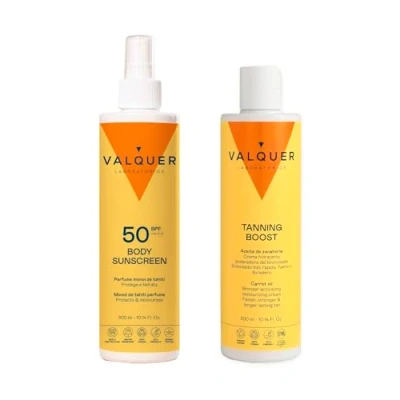 Imagen de Valquer Pack Corporal: Protector Solar Corporal SPF 50 + Crema Aceleradora de Bronceado. Alta protección bronceado rápido 300 ml * 2 uds