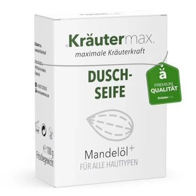 Imagen de Kräutermax jabón de ducha con aceite almendras para hombres y mujeres, gel sólido, cosmética natural, también como champú sólido 2 en 1, 1 x 100 g