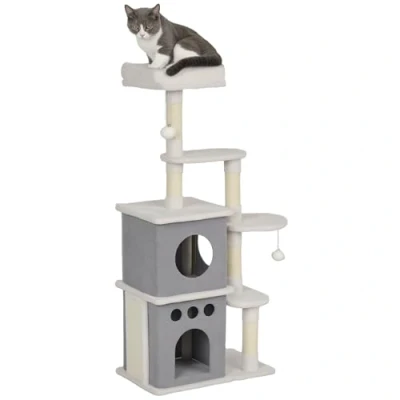 Imagen de PawHut Árbol Rascador para Gatos 126 cm Torre con Nidos Plataformas Bolas Colgantes y Postes de Sisal Crema