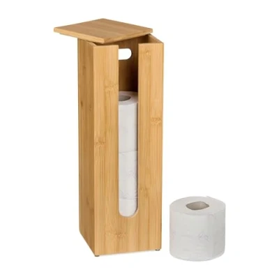 Imagen de Relaxdays Portarrollos de Papel Higiénico Repuesto, Soporte Bambú con Tapa, para 4 Rollos, 42x13,5x13,5 cm, Natural