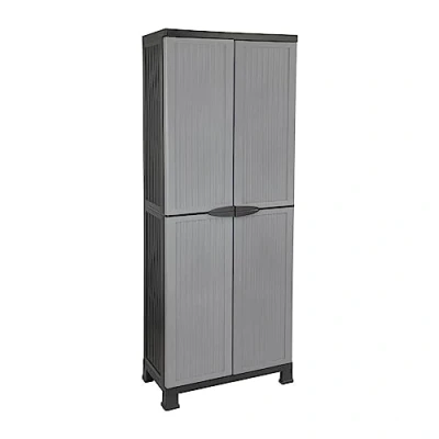 Imagen de ORION91 Armario de Resina Alto Almacenaje con Escobero, Exterior e Interior, Jardín y Terraza, 4 Baldas, 2 Puertas, 60kg Carga Máxima, Dimensiones 39x68x171cm (Largo x Ancho Alto), Gris o Negro