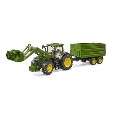 Imagen de bruder 03155 John Deere 7R 350 con cargador frontal y remolque de transporte eje tándem 1:16 Vehículo, Tractor, Bulldog, Agricultura, Granja, Remolque, bworld, Juguetes
