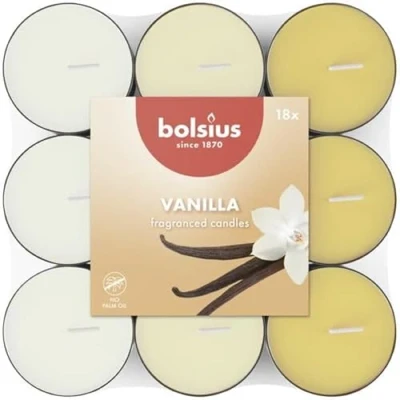 Imagen de Bolsius 18 Velas de té Aromáticas Vainilla Duración quema 3,5 horas Diámetro 38 mm Extractos Naturales Contiene Cera Vegana Sin Aceite Palma