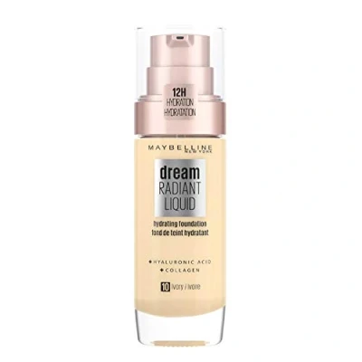 Imagen de Maybelline New York Dream Radiant Liquid Tono 10 Ivory Base De Maquillaje Hidratante Con Ácido Hialurónico Y Cólageno, Para Pieles Claro 30Ml