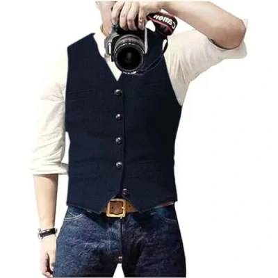 Imagen de Solovedress Traje de espiga lana casual para hombre, chaleco con cuello en V, tweed novios boda, Azul Marino Oscuro, S