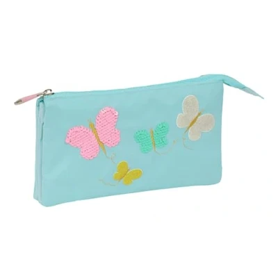 Imagen de Safta MOOS BUTTERFLIES Portatodo Triple, Tejido Reciclable, Estuche Infantil, Niño, Ideal para Niños en Edad Escolar, Cómodo y Versátil, Calidad Resistencia, 22x3x12 cm, Color Azul Claro