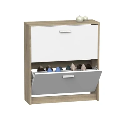 Imagen de MUEBLES PITARCH Zapatero Recibidor Mueble Auxiliar Estrecho 2 Puertas para Entrada Blanco y Roble Cambrian, 12 Pares de Zapatos, 82x74x25cm, Colección Tibet