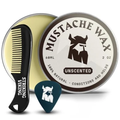 Imagen de Kit de cera y peine para bigote barba hombres con abeja natural fuerte sujeción, ayuda a domesticar, estilizar noviar por Striking Viking (sin perfume)