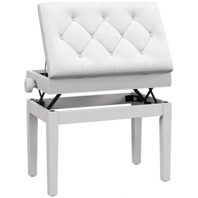 Imagen de HOMCOM Banqueta para Piano Banco con Ajustable en Altura de 48 a 58 cm Espacio Almacenamiento Patas Madera Taburete Teclado Acolchado Blanco