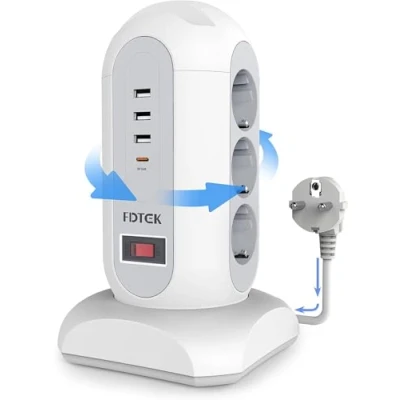 Imagen de FDTEK Torre Regletas Enchufes 9 Tomas AC con 3 USB A y 1 C Regleta Vertical Cable Retráctil 1,65 m, Ladron Enchufe Multiple Interruptor Protección Sobrecargas para Oficia Casa, 2500W/10A
