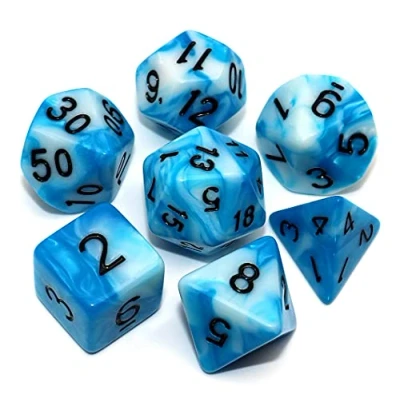 Imagen de DND Juego de Dados poliédricos para Dungeon and Dragons, D&amp;D, COC, rol, Mesa, 7 Piezas, con Bolsa Dados, Color Azul y Blanco
