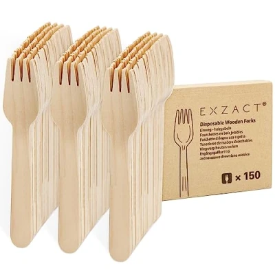 Imagen de EXZACT Tenedores de madera desechables 150 piezas Reciclables cubiertos para fiestas x 150, camping, viajes y barbacoa