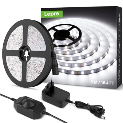Imagen de Lepro Tira LED Regulable, Luces Habitación 5M 1200lm, Blanco Frío 6000K, 300 LEDs, Luz para Gabinete, Armario y Más, Incluido Fuente de Alimentación 12V Regulador Intensidad