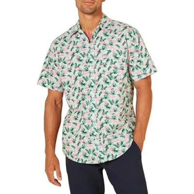 Imagen de Amazon Essentials Camisa Estampada de Manga Corta y Ajuste Normal Hombre, Verde Pastel Flamenco, XXL