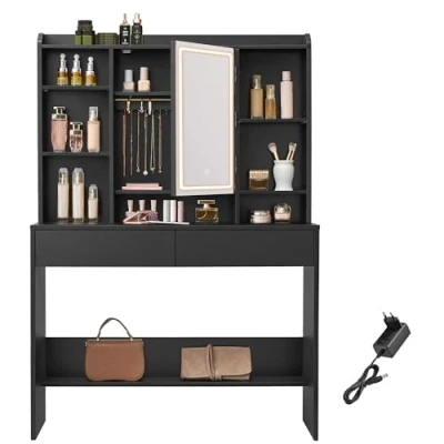 Imagen de VASAGLE Tocador con Luces LED de 3 Colores Brillo Ajustable, Mesa Maquillaje Espejo, Espacioso, Estantes Ajustables, 2 Cajones, Maquillaje, Estilo Moderno, Negro Tinta RDT123B01