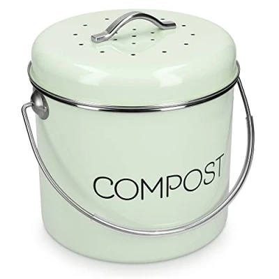 Imagen de Navaris Cubo de Metal para Compost Contenedor Basura orgánica con Tapa y 3X Filtro 19 x 20 CM Compostera Vintage la Cocina 3 L