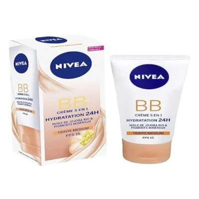 Imagen de NIVEA Crema BB Essentials de 24 horas hidratación y luminosidad (2 unidades 50 ml), humectante facial tono claro, cuidado femenino con aceite jojoba orgánico, día SPF 15