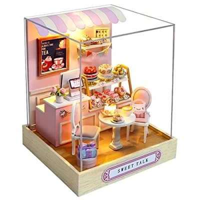 Imagen de erhumama Tienda de pasteles en miniatura hecho a mano Artesanía Casa Muñecas con cubierta polvo Muebles Kits luz LED DIY madera 3D Accesorios Niño Navidad Regalo cumpleaños