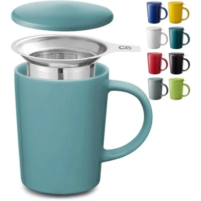 Imagen de Cosumy Taza de Te con Filtro y Tapa 400ml Ceramica Azul Aqua Mantiene Caliente la Infusion Apto para lavavajillas