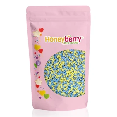 Imagen de HONEYBERRY INCLUSIONS Mini estrellas azules y amarillas, 200 g, gránulos comestibles de primera calidad para hornear, decoraciones cupcakes pasteles, helados, postres glaseados