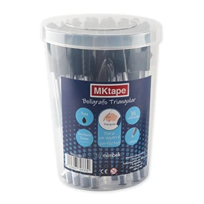 Imagen de Mktape Pack de 36 Bolígrafos Triangulares con Capucha Tinta Negra Punta 1 mm Recubierta Plástico Resistente Ideal para una Escritura Suave Agarre Ergonómico