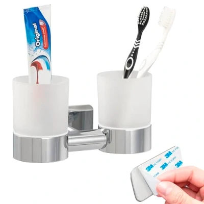 Imagen de bremermann Bad Serie Lucente Tape Soporte doble para vasos de cristal, autoadhesivo, cristal y acero inoxidable, acabado brillante, sin agujeros, fijación adhesiva 3M