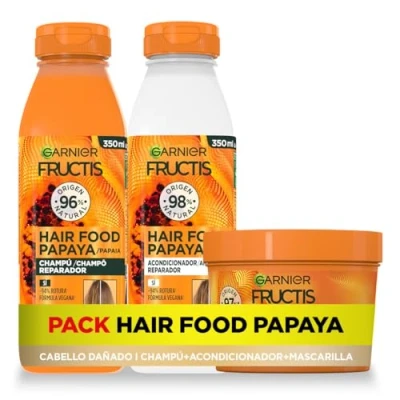 Imagen de Garnier Fructis Pack Hair Food Papaya Champú, Acondicionador y Mascarilla, Desenreda, Reparación intensiva del Cabello Dañado, Sin Siliconas 350ml 400ml