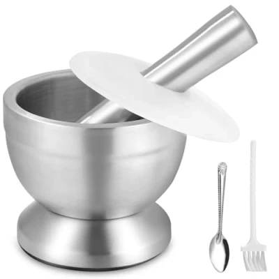 Imagen de Mortero Cocina, de Acero Inoxidable con Mortero, Cuchara y Tapa Silicona, Molinillo Especias Primera Calidad, Trituradora Tazón Hierbas, Perfecto para Moler, Mezclar Almacenar