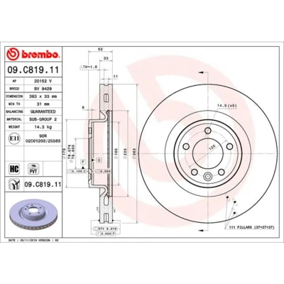 Imagen de BREMBO 09.C819.11 Disco de freno 363 33 5 ventilación interna revestido altamente carbonizado LAND ROVER: Range Rover Sport, 4