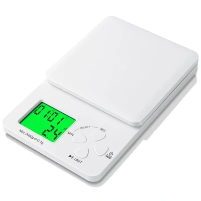 Imagen de AiQInu Bascula Cocina Digital con Temporizador, 3kg/0.1g Balanza de Café Alta Precisión, Pantalla LED, Báscula Magnética Multifuncional Alimentos