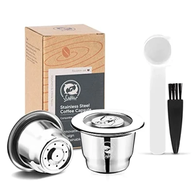 Imagen de i Cafilas 2 Capsulas Recargables Rellenables Reutilizables de Acero Inoxidable para Nespresso,capsulas nespresso + 1 Cucharadita Cepillo Limpieza