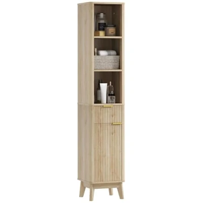 Imagen de HOMCOM Columna de Baño Mueble Estrecho con Puerta Acanalado Cajón 3 Compartimentos Abiertos y Estantes Ajustables Armario Alto Moderno 33x30x170 cm Natural