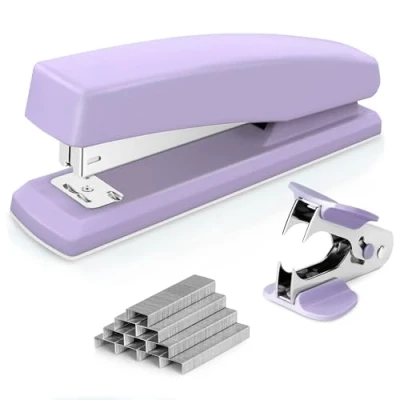 Imagen de Deli grapadora de escritorio, oficina, capacidad 25 hojas, incluye 1000 grapas y quitagrapas (morado)