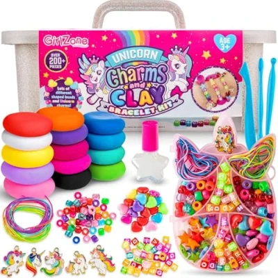 Imagen de GirlZone Kit de Abalorios Unicornio y Pulseras Arcilla, Divertido para Hacer con Unicornios, Arcilla Secado al Aire Cuentas Colores, Regalo Ideal