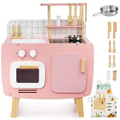 Imagen de Mamabrum cocina retro para niños, de madera con delantal y accesorios, estilo retro, juego rol, juguete color rosa