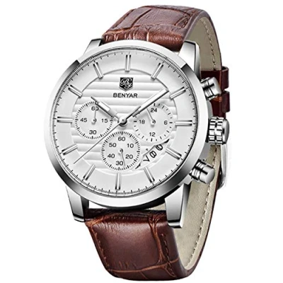 Imagen de BENYAR Reloj de Pulsera Cuarzo para Hombres con cronógrafo, Resistente al Agua, diseño Negocios y Deporte, Correa Piel(Cafe Piel Plata)