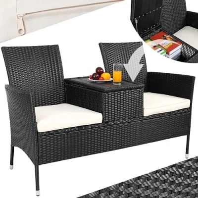 Imagen de CASARIA® Banco de Jardín 143x64x88 Poliratán Negro Mesa WPC y Estante Asiento Extra Ancho Sillón Doble Exterior