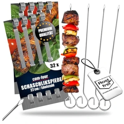 Imagen de COM FOUR® 32x Brochetas de kebab acero inoxidable carne 22 cm longitud verduras primera calidad en un juego (22cm 32 piezas)