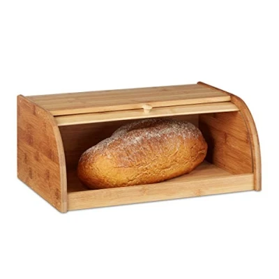 Imagen de Relaxdays Panera Bambú, Tapa Deslizante, Caja para Pan Madera, 16,5 x 40 27,5 cm, Abatible, con Repisa, Marrón Natural, Tablero de Fibras, 27, 5 cm