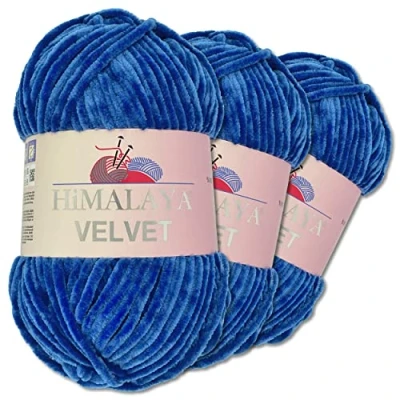 Imagen de Wohnkult Himalaya 3 x 100 g Velvet Dolphin tejido de lana, 40 colores para elegir, hilo tejer chenilla, lana esponjosa, brillo, accesorio, ropa, mantas (90029, azul)
