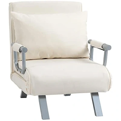 Imagen de HOMCOM Sofá Cama Individual Sillón Reclinable con Almohada para Salón Dormitorio Oficina Carga 100 kg 65x69x80 cm Crema