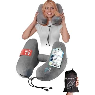 Imagen de FLOWZOOM Almohada de Viaje Hinchable para Mujeres Cojín Cuello con Capucha Felpa Máxima Privacidad y Confort Avión, Tren Coche Talla M Gris
