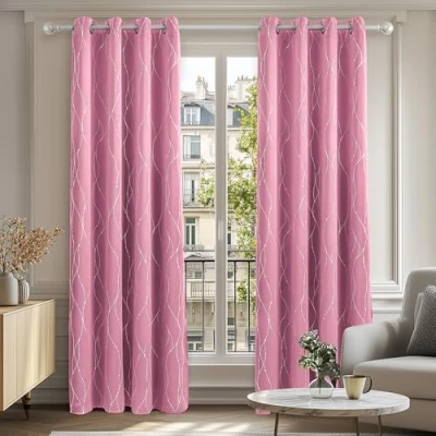 Imagen de Deconovo Cortinas Opacas con Aislamiento Térmico 8 Ojales para Ventanas de Salón Líneas Plateadas 117 x 138 cm 2 Unidades Rosa
