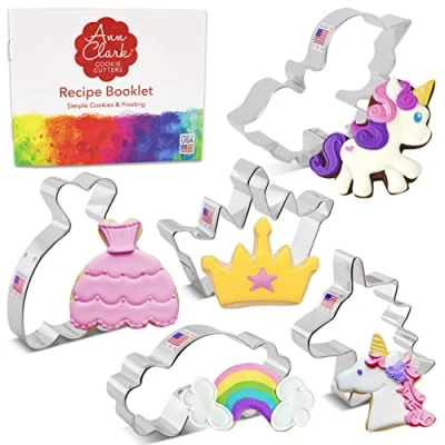 Imagen de Juego de cortadores galletas princesa/unicornio cuento hadas con libro recetas 5 piezas