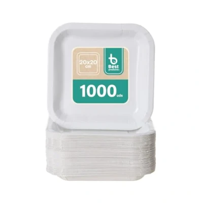 Imagen de BEST PRODUCTS 1000 Platos Desechables Cartón Ecológicos Biodegradables Compostables y Reciclables Para Fiestas Cumpleaños Comuniones o Eventos Cuadrados Llanos 20x20cm