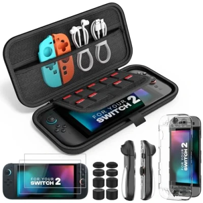 Imagen de MoKo Funda Compatible con Nintendo Switch 2 (2025), 14 en 1 Accesorios Kit Funda, para PC y Carcasa de TPU JoyCon, 2x Protector Pantalla 8x Protectores Pulgar,Negro