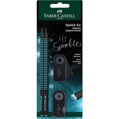 Imagen de Faber Castell 118295 Set de escritura Sparkle Midnight Ocean con 2 lápices, 1 goma borrar y sacapuntas