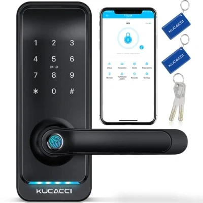 Imagen de KUCACCI cerradura de puerta inteligente, entrada sin llave, huella dactilar y teclado, WiFi Bluetooth, negro, manija para el hogar inteligente